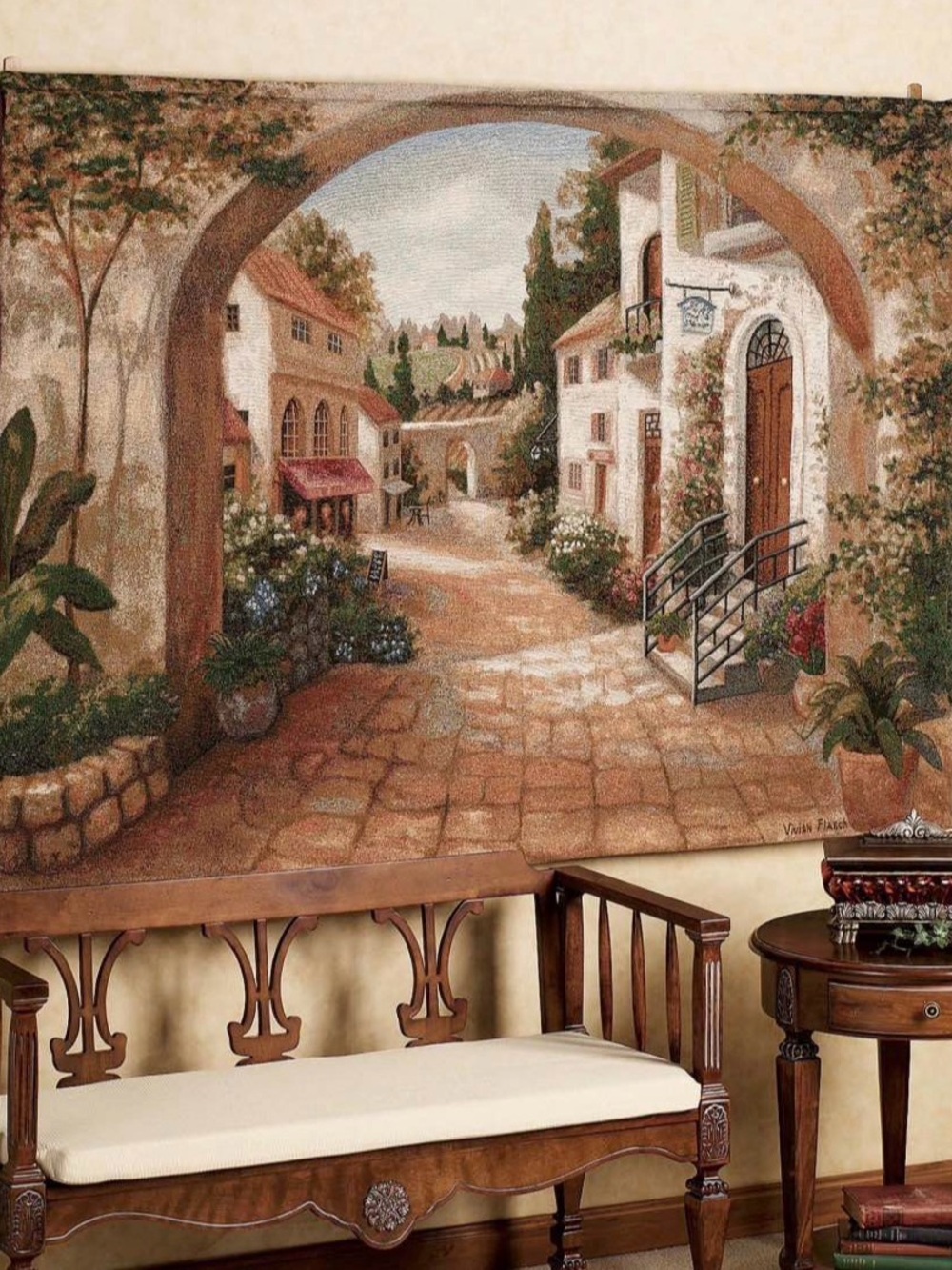 Large "Quaint Town" Wall Tapestry by Vivian Flasch - 70" x 50" Woven Art